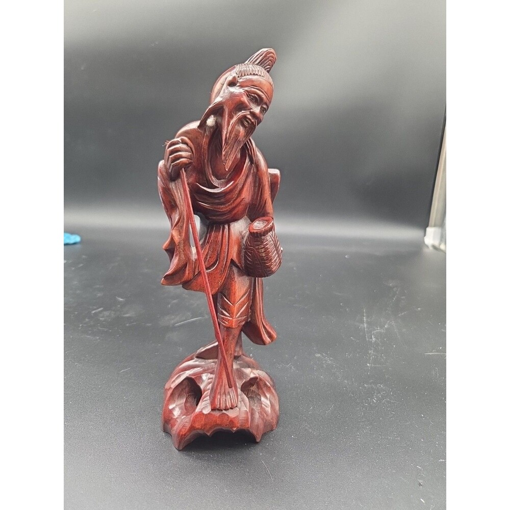 Vintage Wood Statue Chinese Figurines Carved Fisherman Sculpture Home Decor